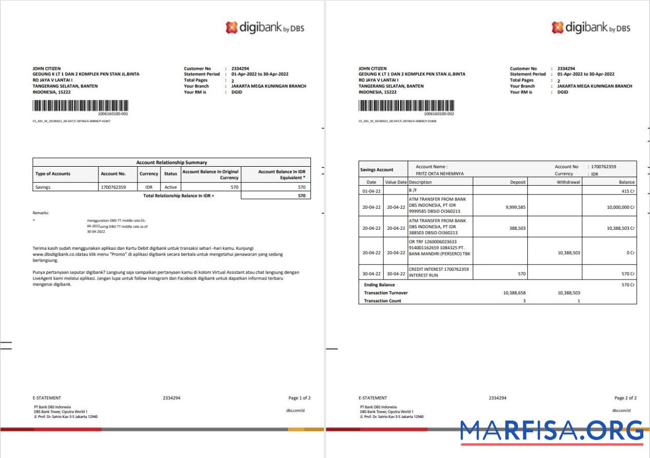 Printable Indonesia DBS digibank statement word 2 pages real example
